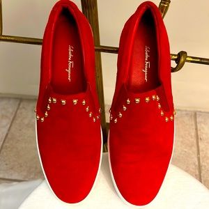 Salvatore Ferragamo Red Suede with gold studs slip on sneaker.